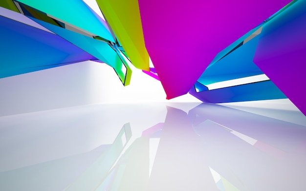 Abstract white and colored gradient glasses parametric interior with window. 3D