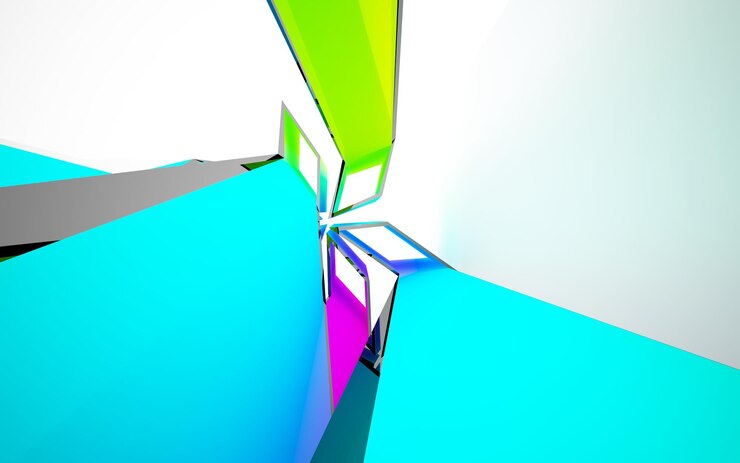 Photo abstract white and colored gradient glasses parametric interior with window. 3d