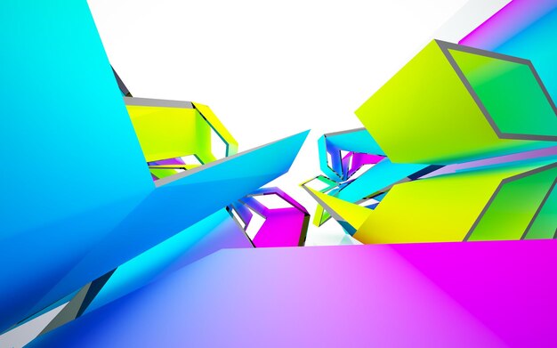 Abstract white and colored gradient glasses parametric interior with window. 3D