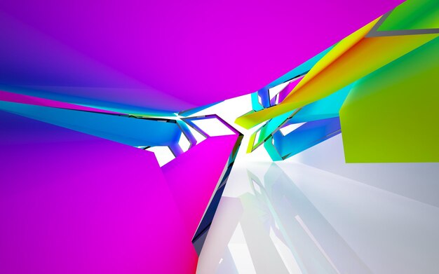 Abstract white and colored gradient glasses parametric interior with window. 3D