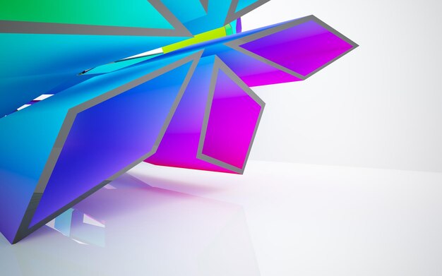 Abstract white and colored gradient glasses parametric interior with window. 3D