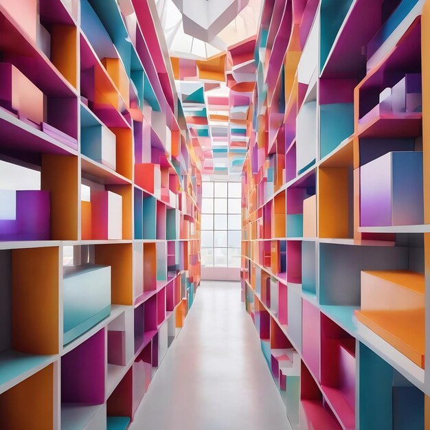 Foto abstract bianco e colorato gradiente interno spazio pubblico a più livelli da cubi array con finestra
