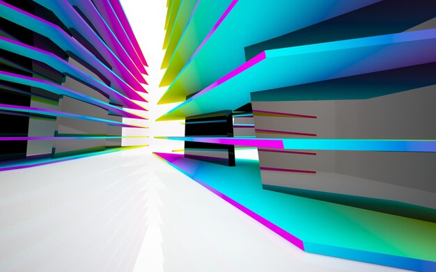 Abstract white and colored gradient interior multilevel public space with window. 3d illustration