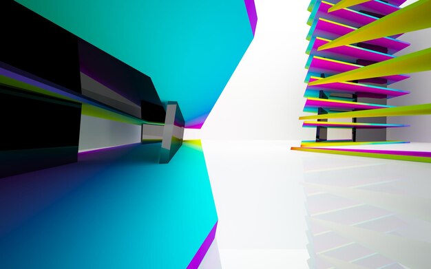 Abstract white and colored gradient  interior multilevel public space with window. 3D illustration