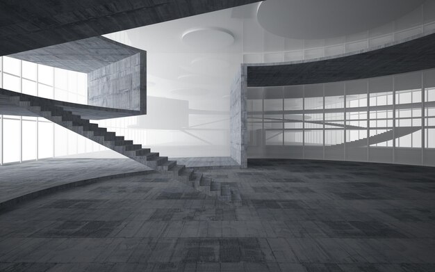 Abstract white and concrete interior multilevel public space with window. 3D illustration