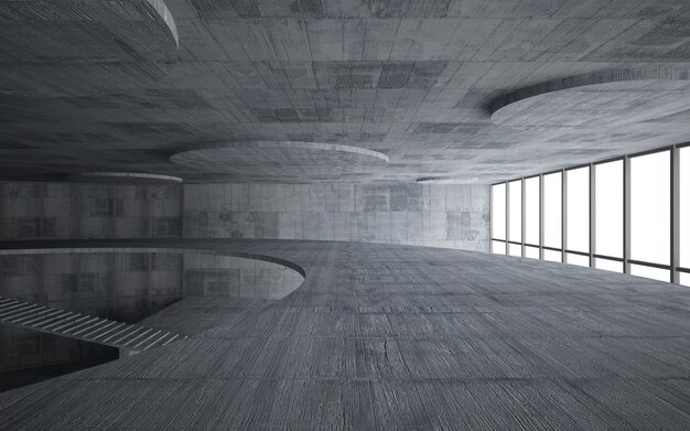 Абстрактное белое и бетонное внутреннее многоуровневое общественное пространство с окном. 3D иллюстрация