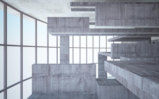 Abstract white and concrete parametric interior with window 3D illustration and rendering