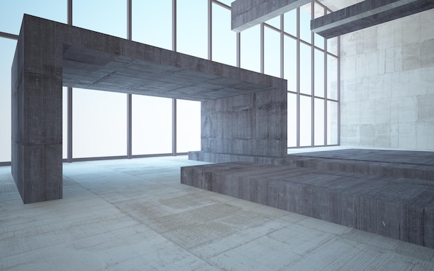 Abstract white and concrete parametric interior with window 3D illustration and rendering