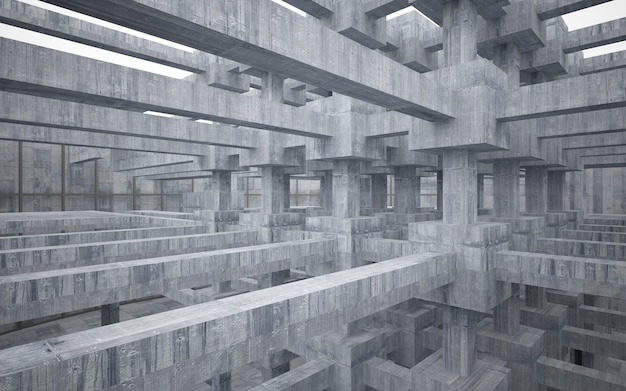 Abstract white and concrete parametric interior with window 3D illustration and rendering