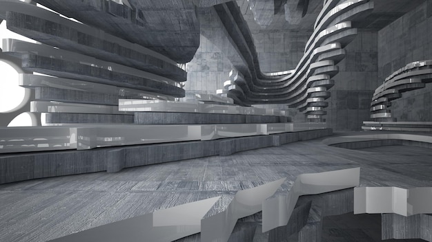 Abstract white and concrete parametric interior with window 3D illustration and rendering