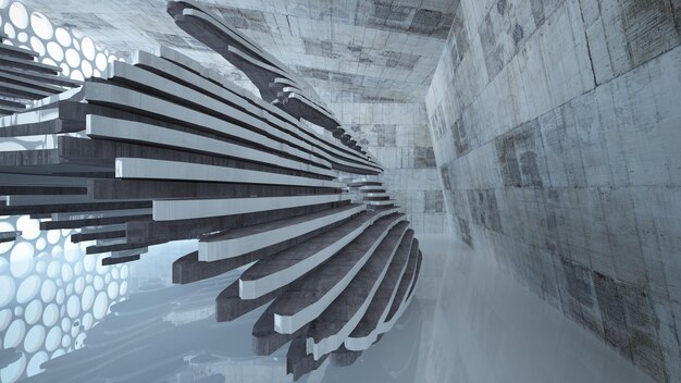 Abstract white and concrete parametric interior with window 3D illustration and rendering