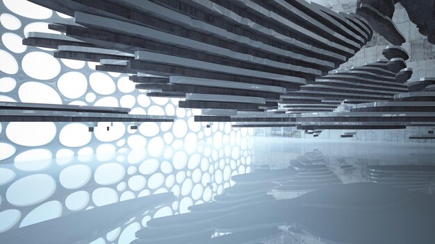 Abstract white and concrete parametric interior with window 3D illustration and rendering