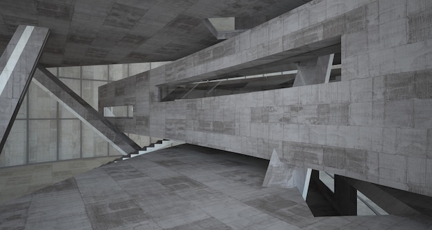 Abstract white and concrete parametric interior with window 3D illustration and rendering