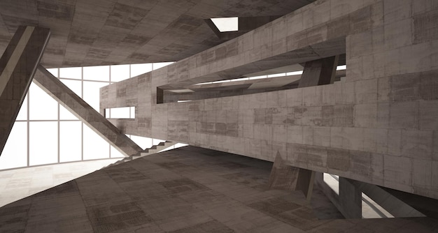 Abstract white and concrete parametric interior with window 3D illustration and rendering