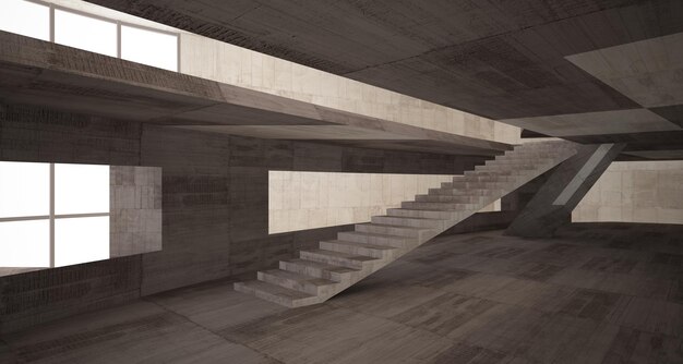 Abstract white and concrete parametric interior with window 3D illustration and rendering