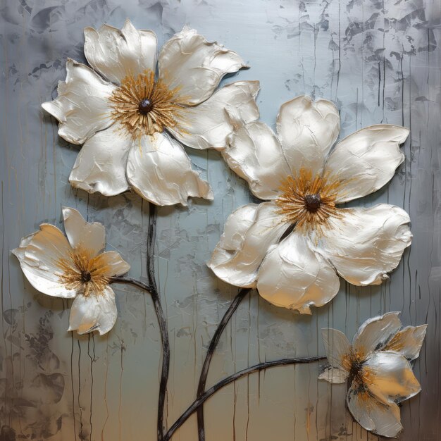 Photo abstract white flowers metal wall art in silver and gold style