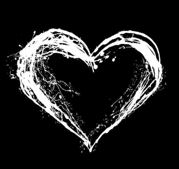 Abstract white heart on black background. Heart grunge brush stroke symbol. Hand drawn hearts.