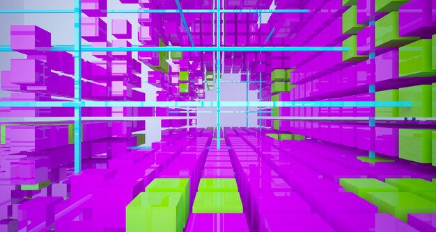 Abstract white interior from array colored cubes with window 3D illustration and rendering