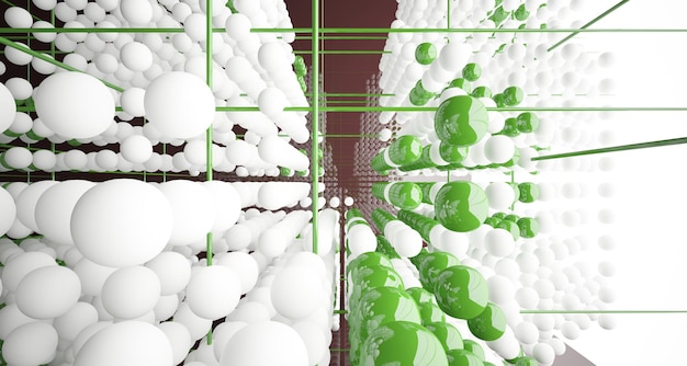 Photo abstract white interior from array colored gradient glasses spheres with large window 3d illustrati