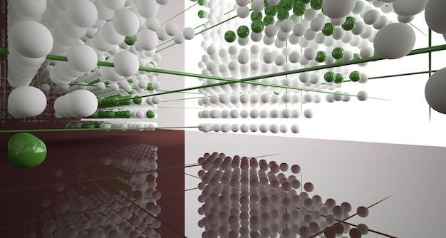 Photo abstract white interior from array colored gradient glasses spheres with large window 3d illustrati