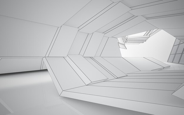 Abstract white interior of the future, with neon lighting. 3D illustration and rendering