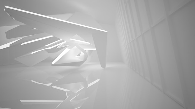 Abstract white interior of the future with neon lighting 3D illustration and rendering