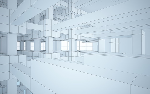 抽象的な白いインテリアは未来を強調します ポリゴンの描画 建築の背景 3D