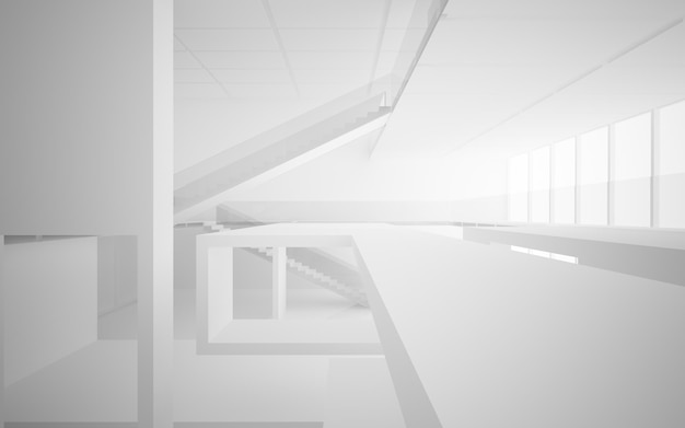 네온 조명이 있는 추상적인 흰색 실내 다단계 공용 공간. 3D 일러스트레이션 및 렌더링.