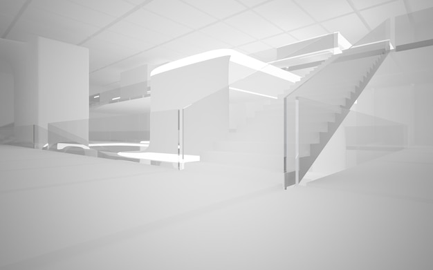 Abstract white interior multilevel public space with window. 3D illustration and rendering.