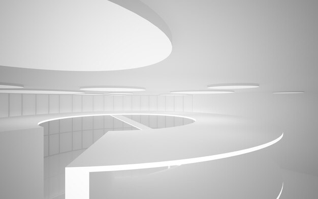 Abstract white interior multilevel public space with window. 3D illustration and rendering.