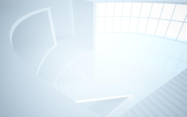 Abstract white interior multilevel public space with window. 3D illustration and rendering.