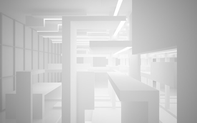 Abstract white interior multilevel public space with window 3D illustration and rendering