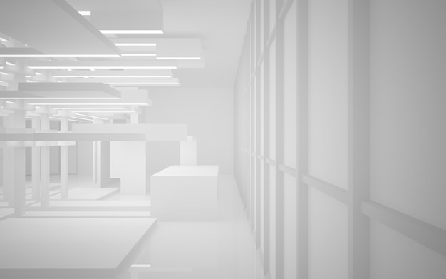 ウィンドウの 3 D イラストとレンダリングと抽象的な白いインテリア マルチレベル パブリック スペース