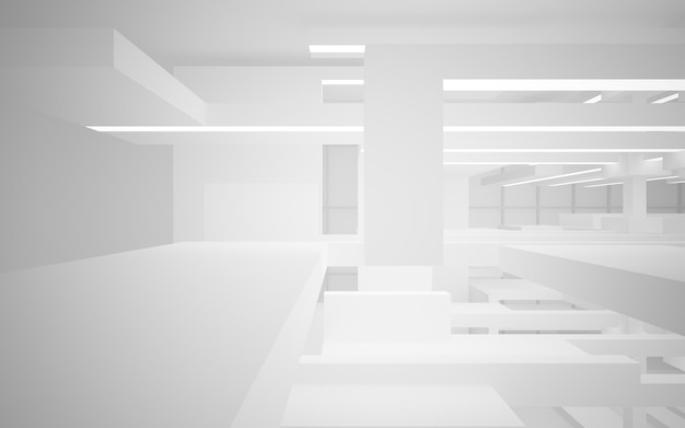 Abstract white interior multilevel public space with window 3D illustration and rendering