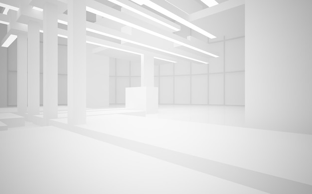 Абстрактное белое внутреннее многоуровневое общественное пространство с оконной 3D иллюстрацией и рендерингом