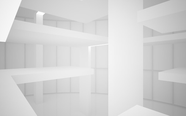 Abstract white interior multilevel public space with window 3D illustration and rendering