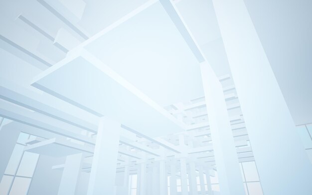 Абстрактное белое внутреннее многоуровневое общественное пространство с оконной 3D иллюстрацией и рендерингом