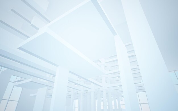 Abstract white interior multilevel public space with window 3D illustration and rendering