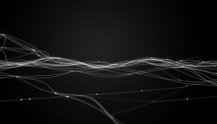 Abstract white lines with glowing dots on black background