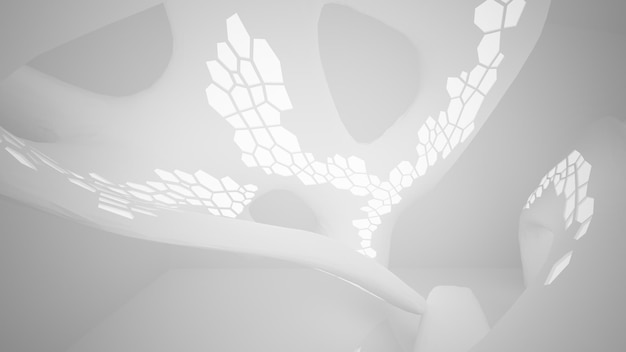 Абстрактный белый параметрический интерьер с оконной 3D иллюстрацией и рендерингом