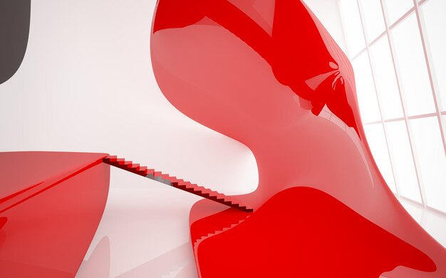 Photo abstract white and red gloss interior multilevel public space with window 3d illustration