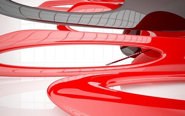 抽象的な白と赤の光沢インテリア マルチレベル パブリック スペース ウィンドウ 3 D イラスト