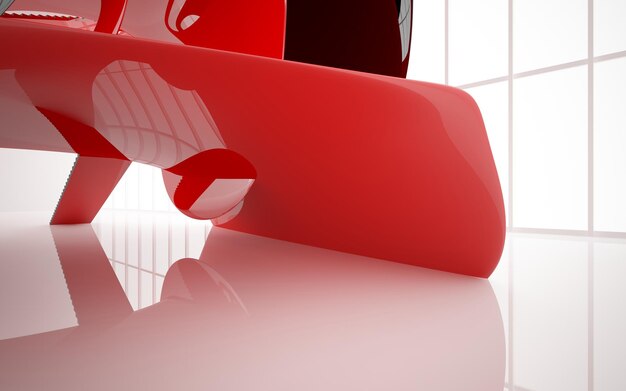 Abstract white and red gloss interior multilevel public space with window 3D illustration