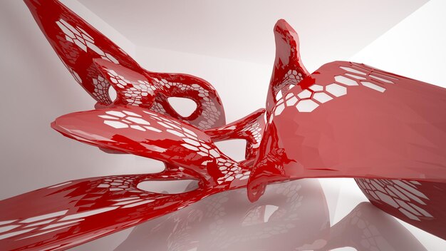 Abstract white and red parametric interior with window 3D illustration and rendering