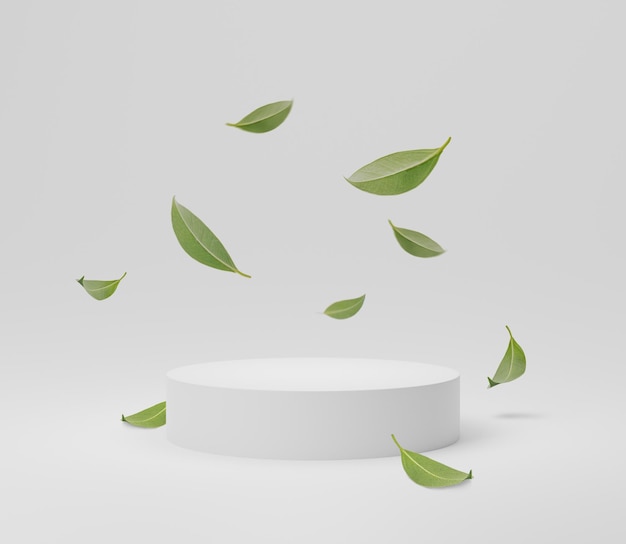 Abstract white round corner pedestal podium with green leaves Product display podium in room 3d rendering studio with geometric shapes Cosmetic product minimal scene with platform