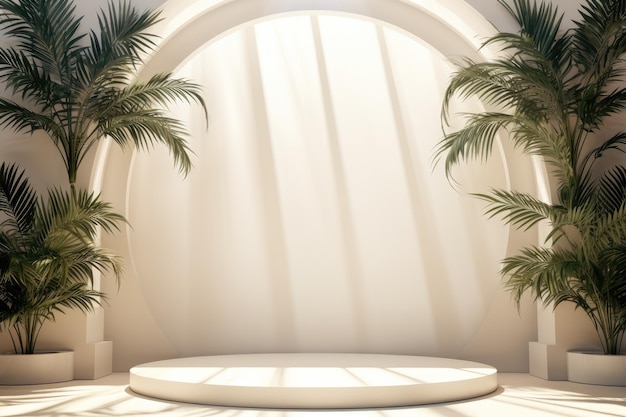 Abstract white studio background for product presentation Empty room with shadows from windows and flowers and palm leaves 3D room with copy space Ai generative