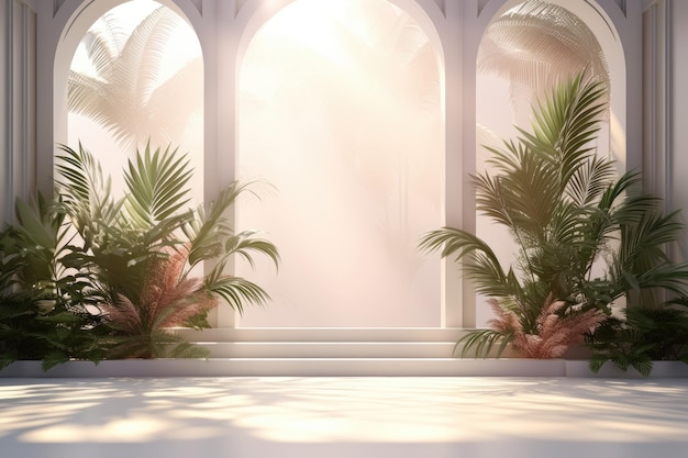 Абстрактный белый студийный фон для презентации продукта Пустая комната с тенями от окон, цветов и пальмовых листьев 3D комната с копировальным пространством Генеративный AI
