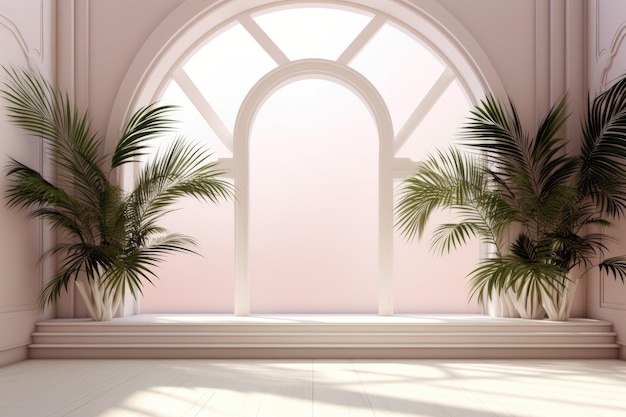 제품 프레젠테이션을 위한 추상 흰색 스튜디오 배경 창문과 꽃, 야자잎의 그림자가 있는 빈 방은 복사 공간이 있는 3D 공간 Ai 생성