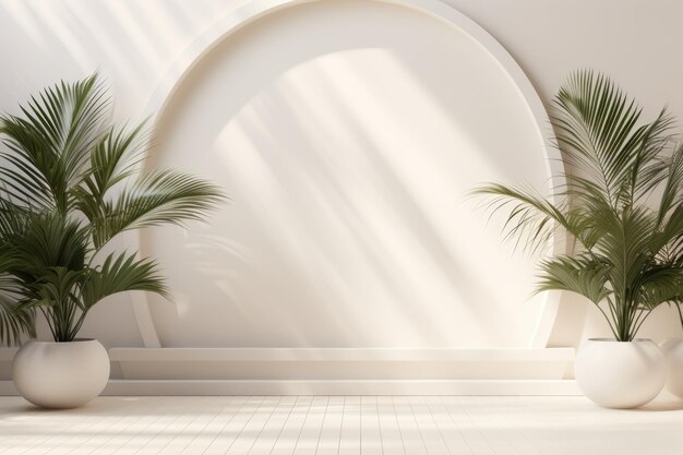 Abstract white studio background for product presentation Empty room with shadows from windows and flowers and palm leaves 3D room with copy space Ai generative