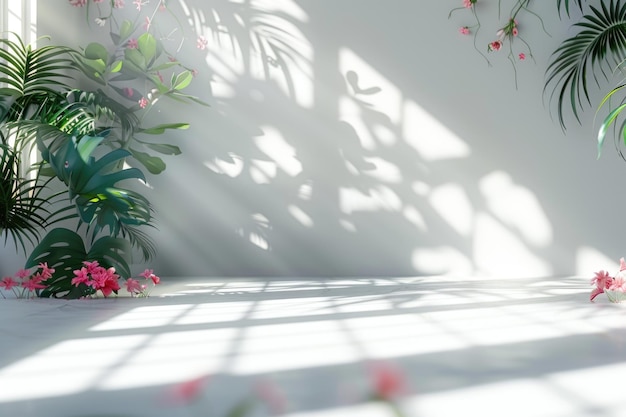 Abstract white studio with window shadows flowers palm leaves